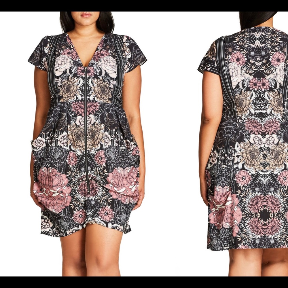 City Chic Black Floral Zip-Front Midi Dress with Pink Accents